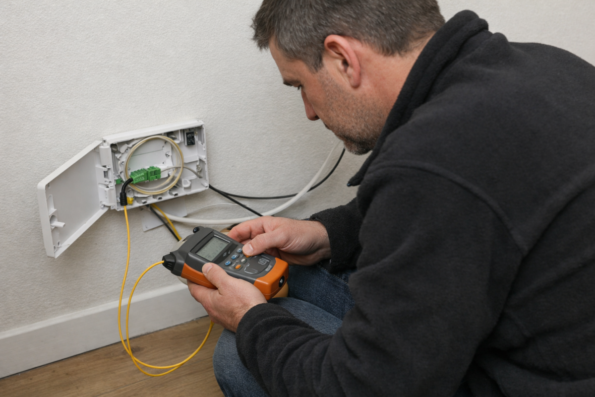 Technicien vérifiant une installation de fibre optique défectueuse avec équipement de diagnostic professionnel