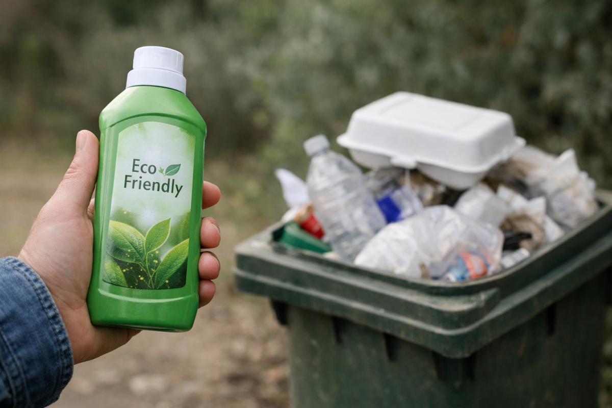 Bouteille écologique tenue devant poubelle remplie de plastique