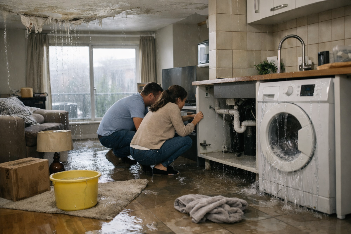 Deux personnes réparent des tuyaux sous un évier inondé