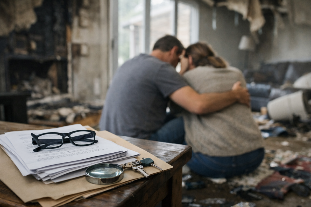 Couple enlacé se soutenant dans un intérieur désordonné