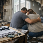 Couple enlacé se soutenant dans un intérieur désordonné