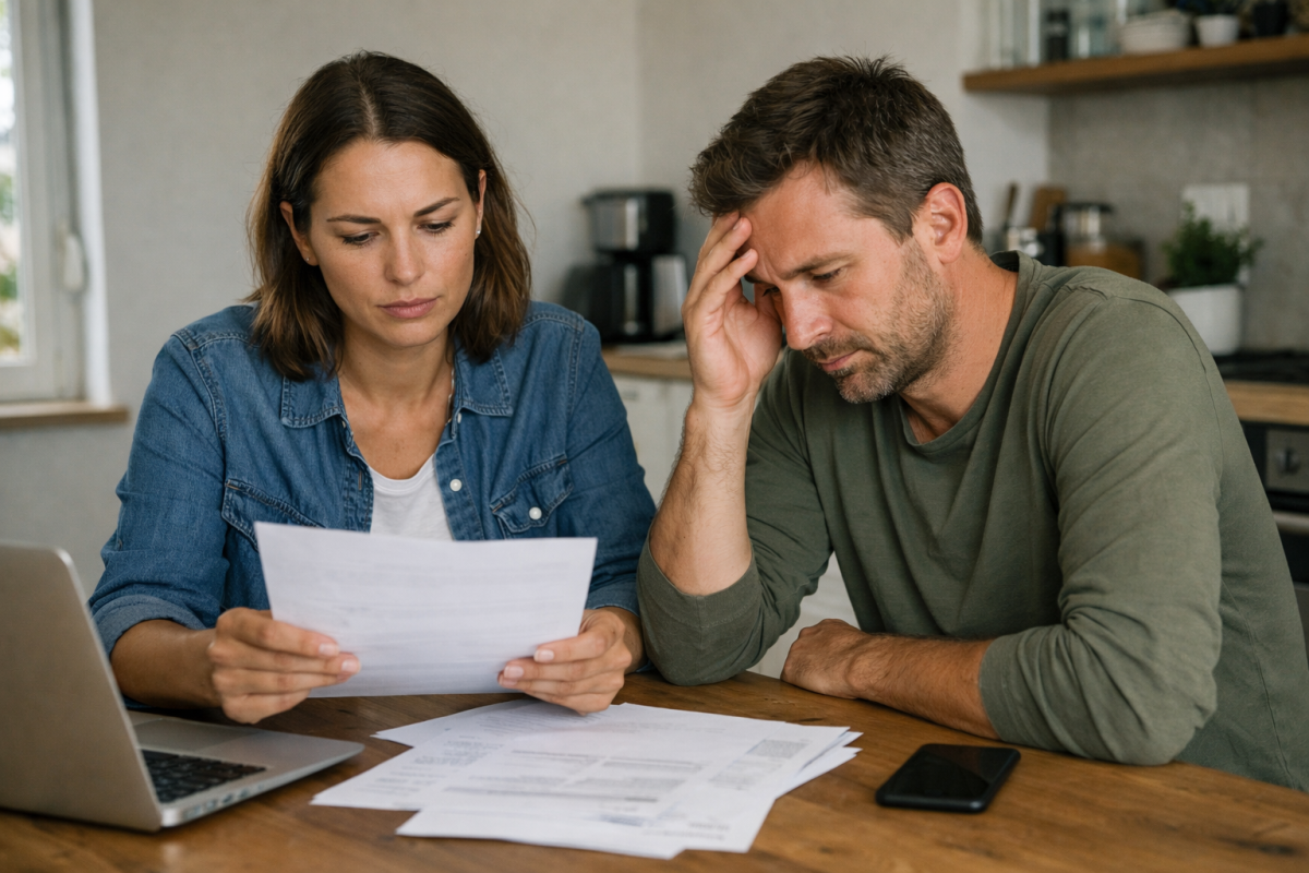 Couple préoccupé examinant plusieurs documents