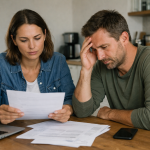 Couple préoccupé examinant plusieurs documents