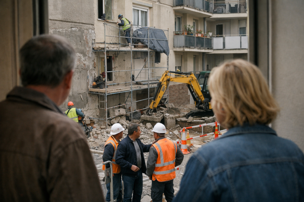 Ouvriers casqués observant une pelleteuse devant bâtiment