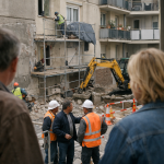 Ouvriers casqués observant une pelleteuse devant bâtiment