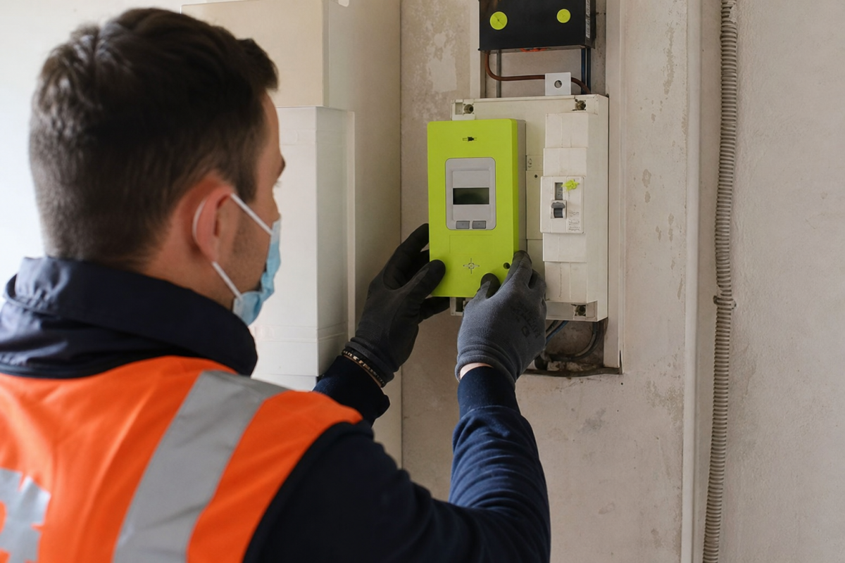 Technicien en gilet contrôlant un compteur électrique