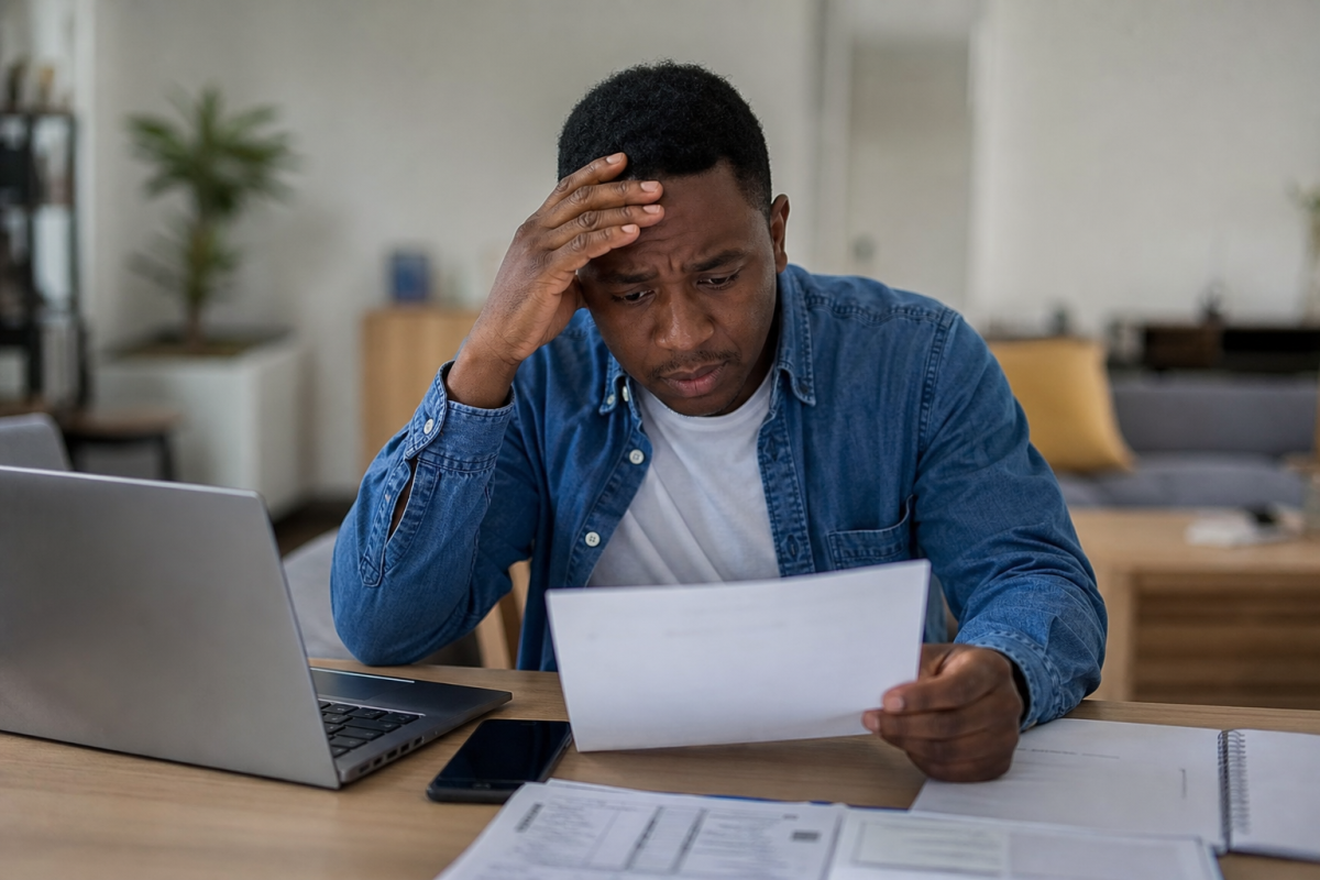 Homme préoccupé consultant un relevé devant un ordinateur