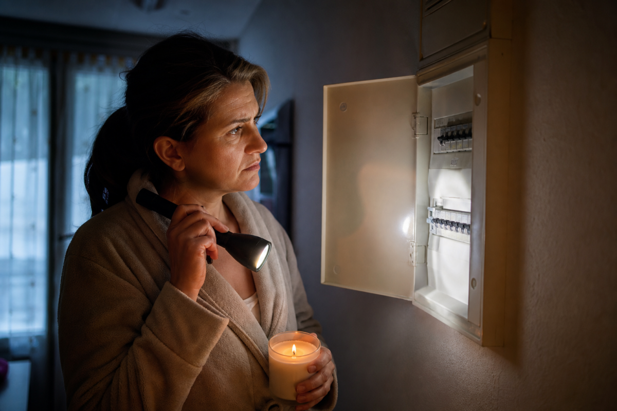 Personne tenant bougie et lampe torche devant tableau électrique
