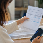 Personne tenant une facture papier et smartphone