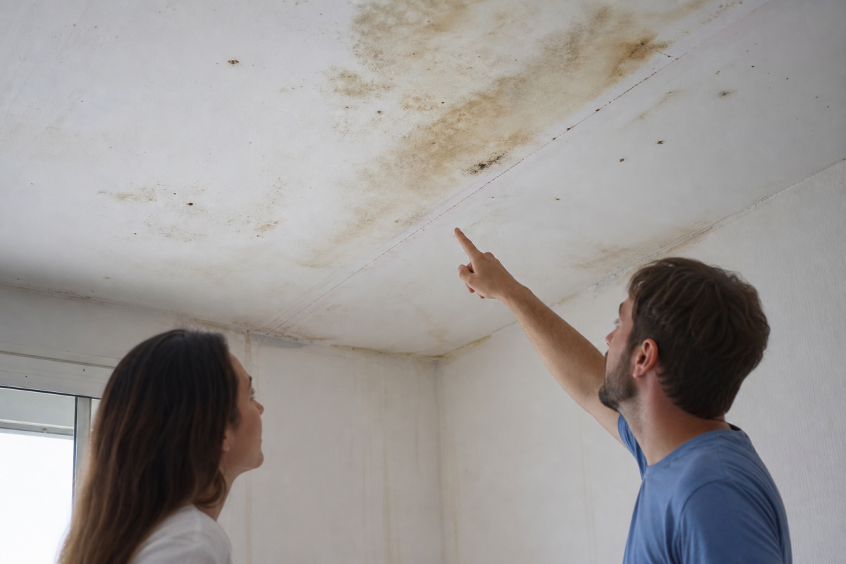 Plafond avec taches d'humidité, deux personnes pointent