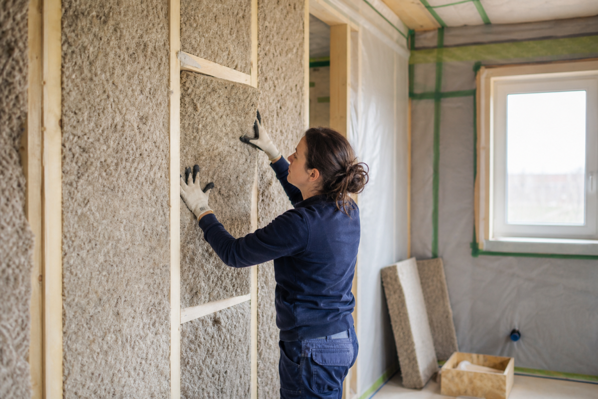 Artisan posant panneaux isolants dans ossature murale
